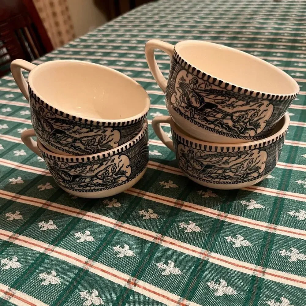Set of Four Currier & Ives Coffee Cups Horse Buggy Cups Cup Mug Blue Royal China